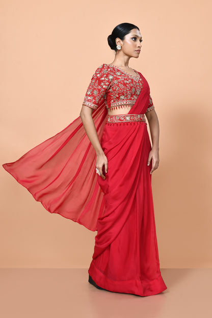 Designer Wear Red Viscose Organza Drape Saree