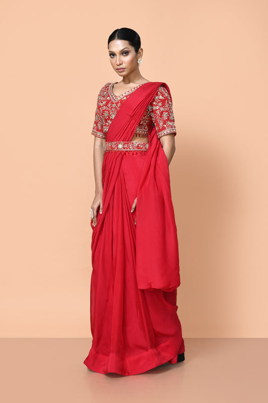 Designer Wear Red Viscose Organza Drape Saree