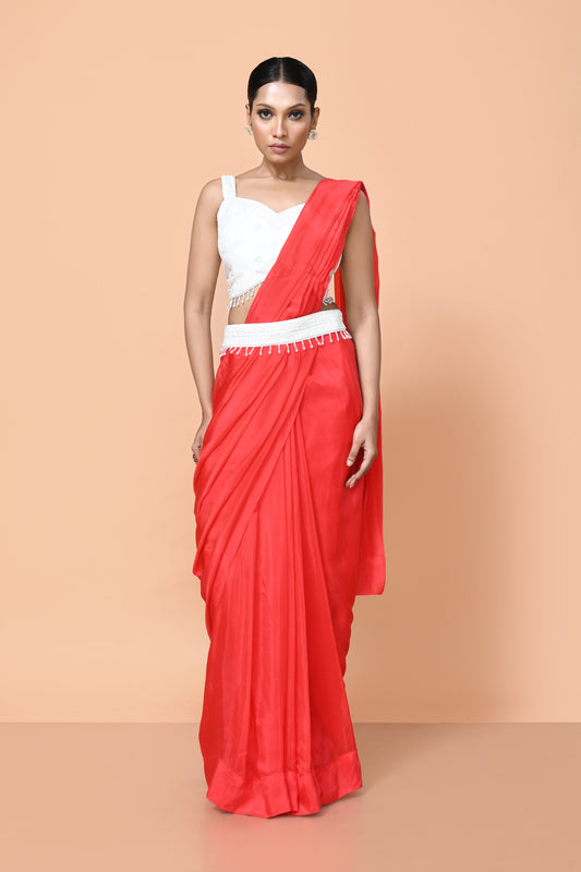 Designer Wear Red Drape Saree