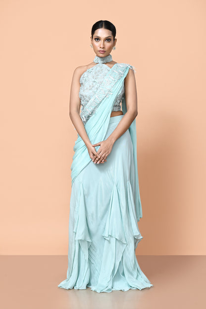Designer Wear Sea Green Chinon Drape Saree