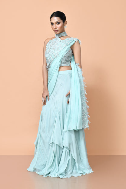 Designer Wear Sea Green Chinon Drape Saree