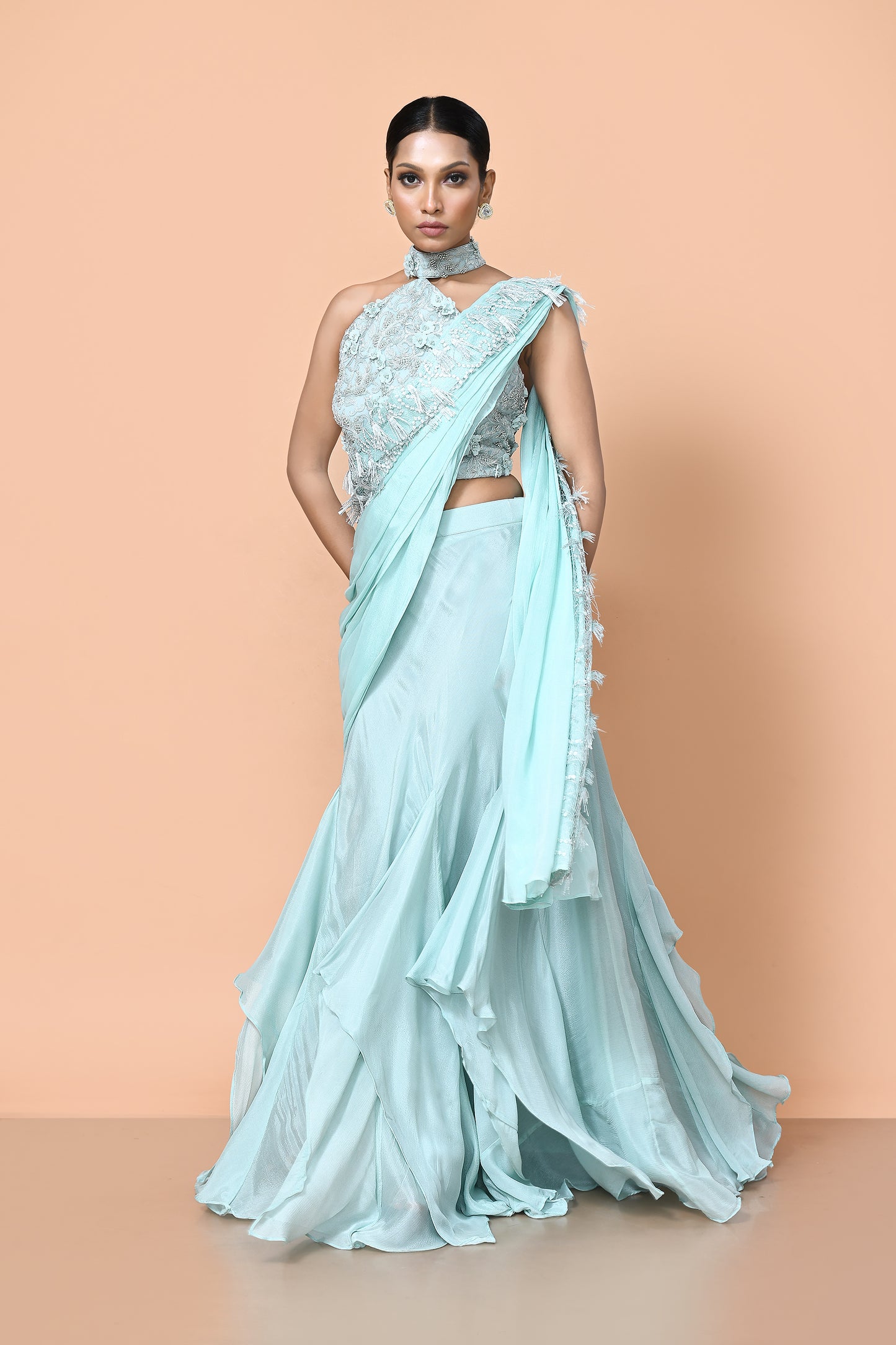 Designer Wear Sea Green Chinon Drape Saree