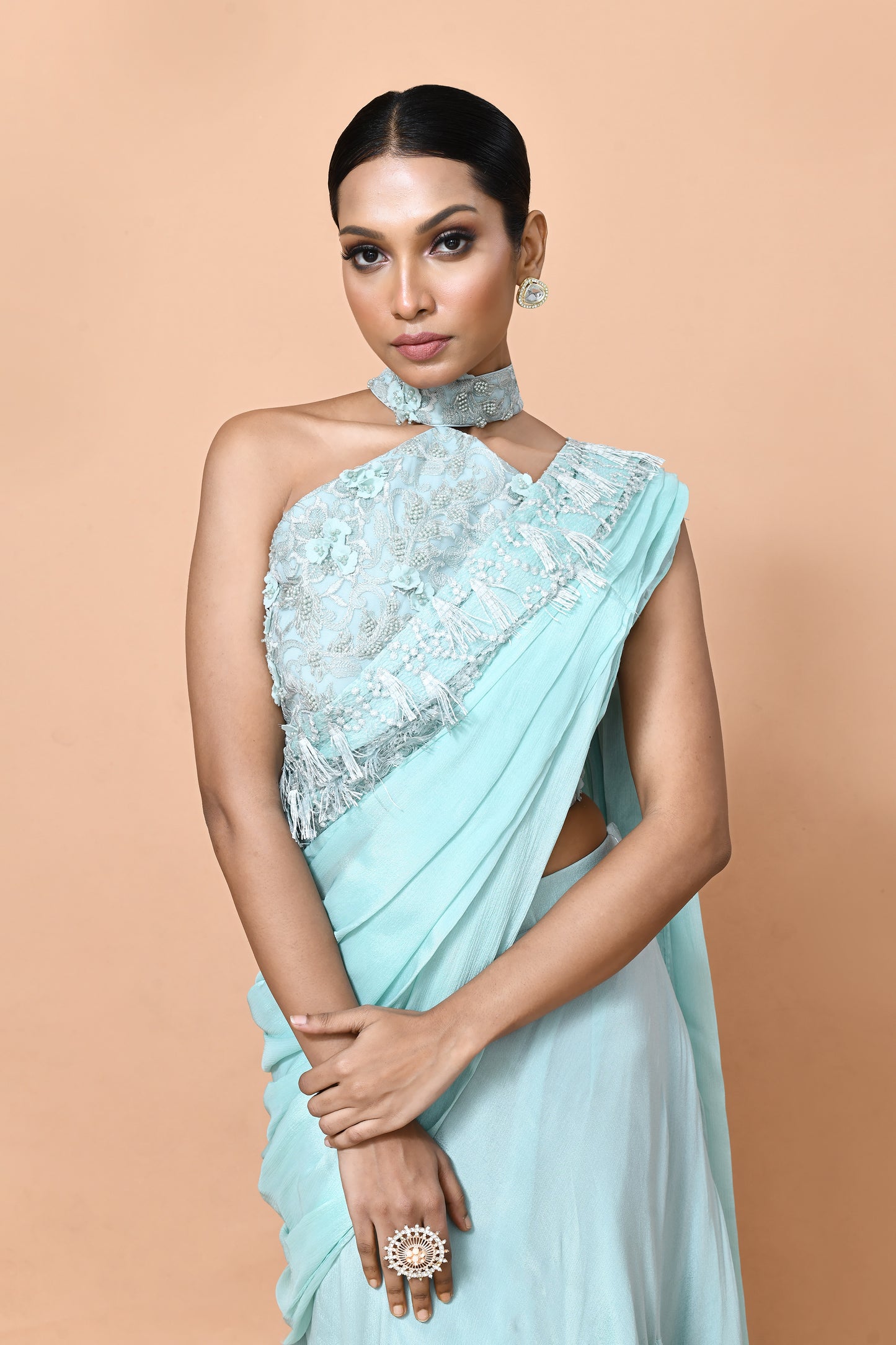 Designer Wear Sea Green Chinon Drape Saree