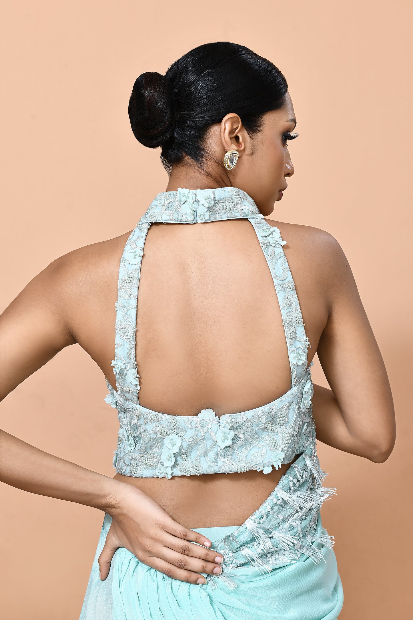 Designer Wear Sea Green Chinon Drape Saree