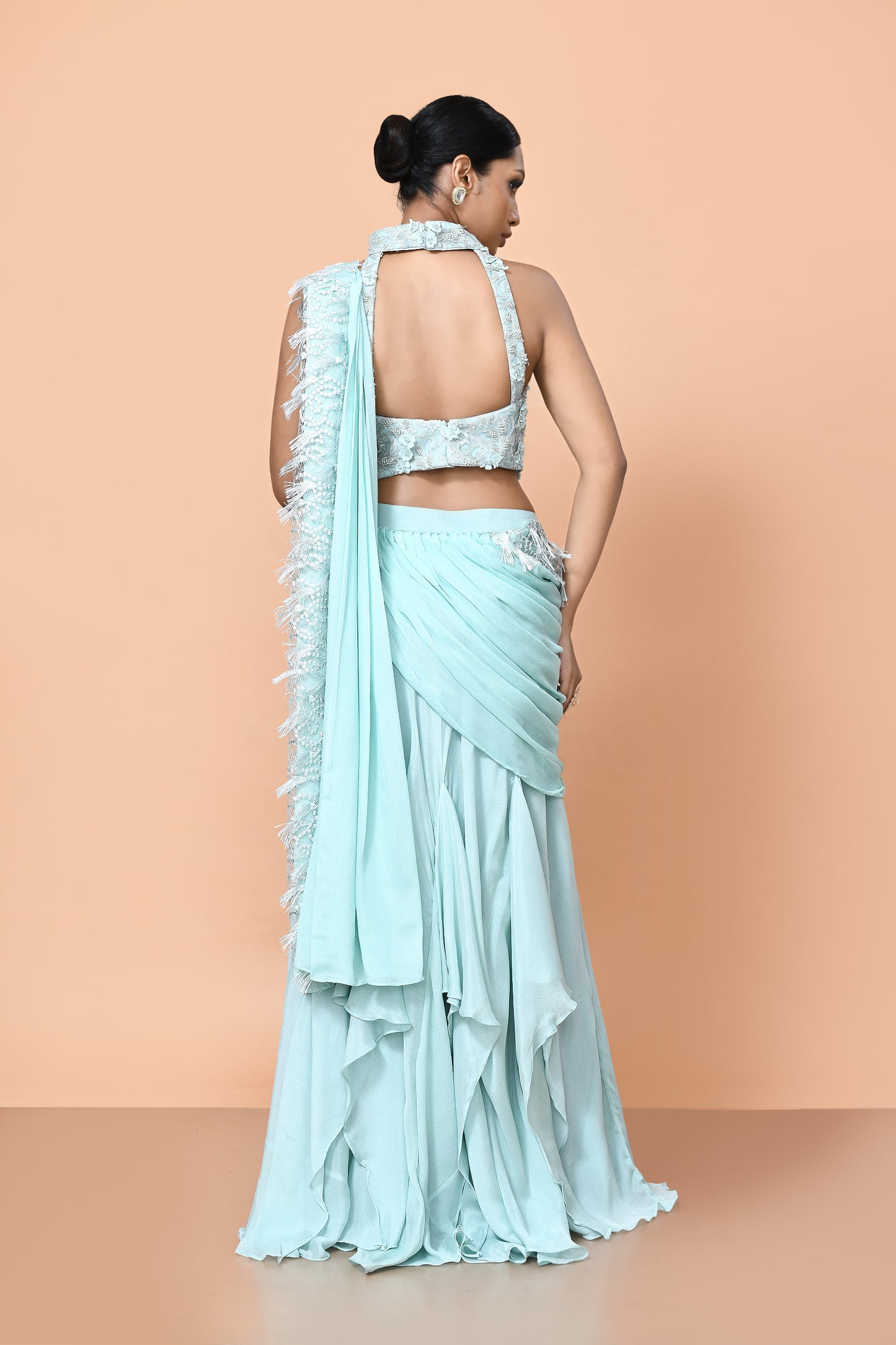 Designer Wear Sea Green Chinon Drape Saree