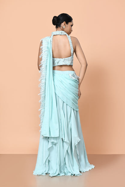 Designer Wear Sea Green Chinon Drape Saree