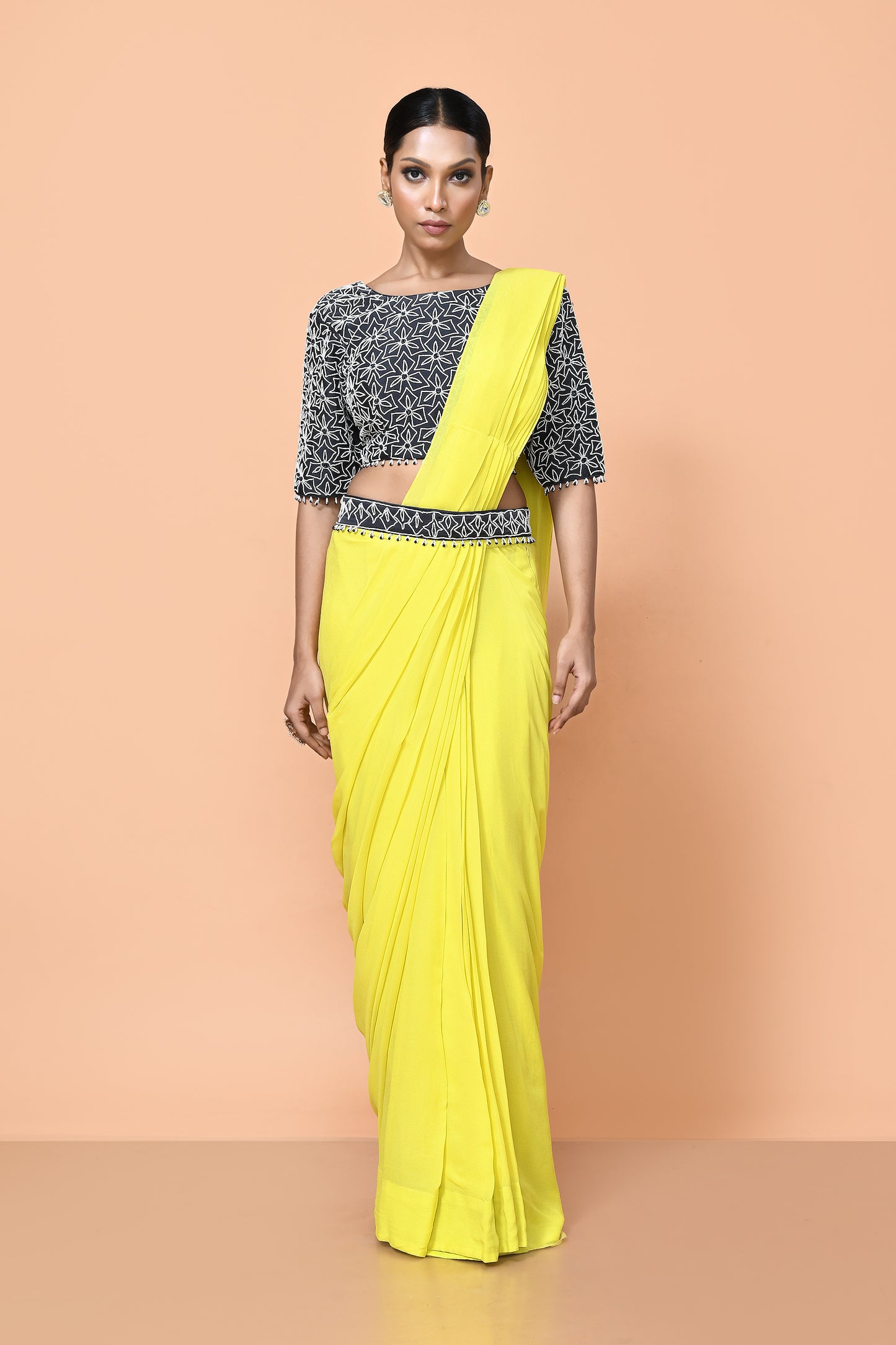 Designer Wear Bright Yellow Georgette Drape Saree
