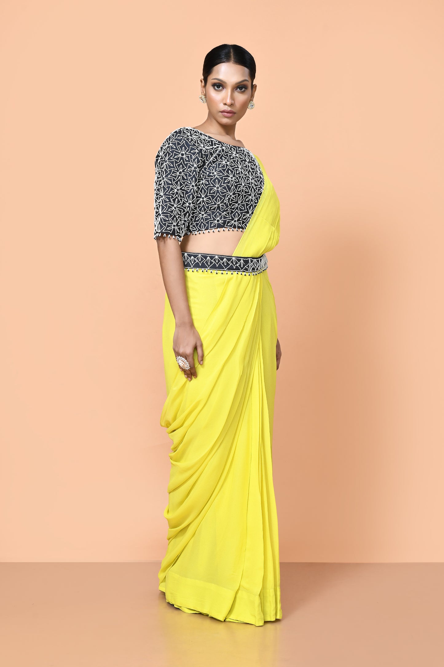 Designer Wear Bright Yellow Georgette Drape Saree