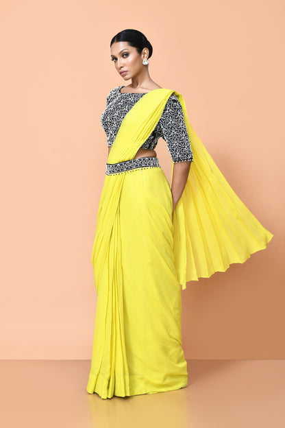 Designer Wear Bright Yellow Georgette Drape Saree