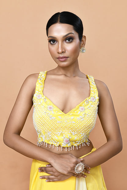 Designer Wear Yellow Chinon Chiffon Drape Saree