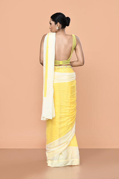 Designer Wear Yellow Chinon Chiffon Drape Saree