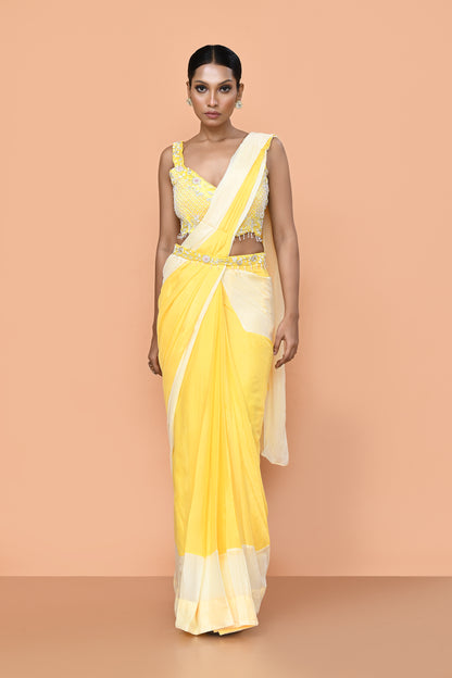 Designer Wear Yellow Chinon Chiffon Drape Saree