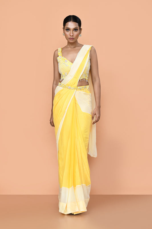 Designer Wear Yellow Chinon Chiffon Drape Saree