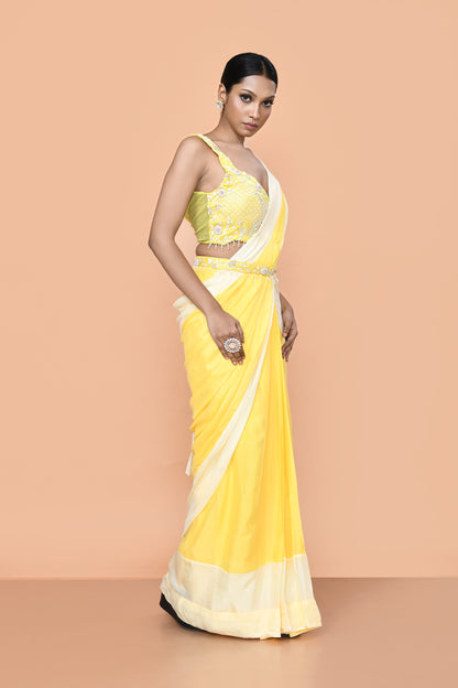 Designer Wear Yellow Chinon Chiffon Drape Saree