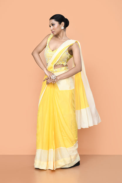 Designer Wear Yellow Chinon Chiffon Drape Saree