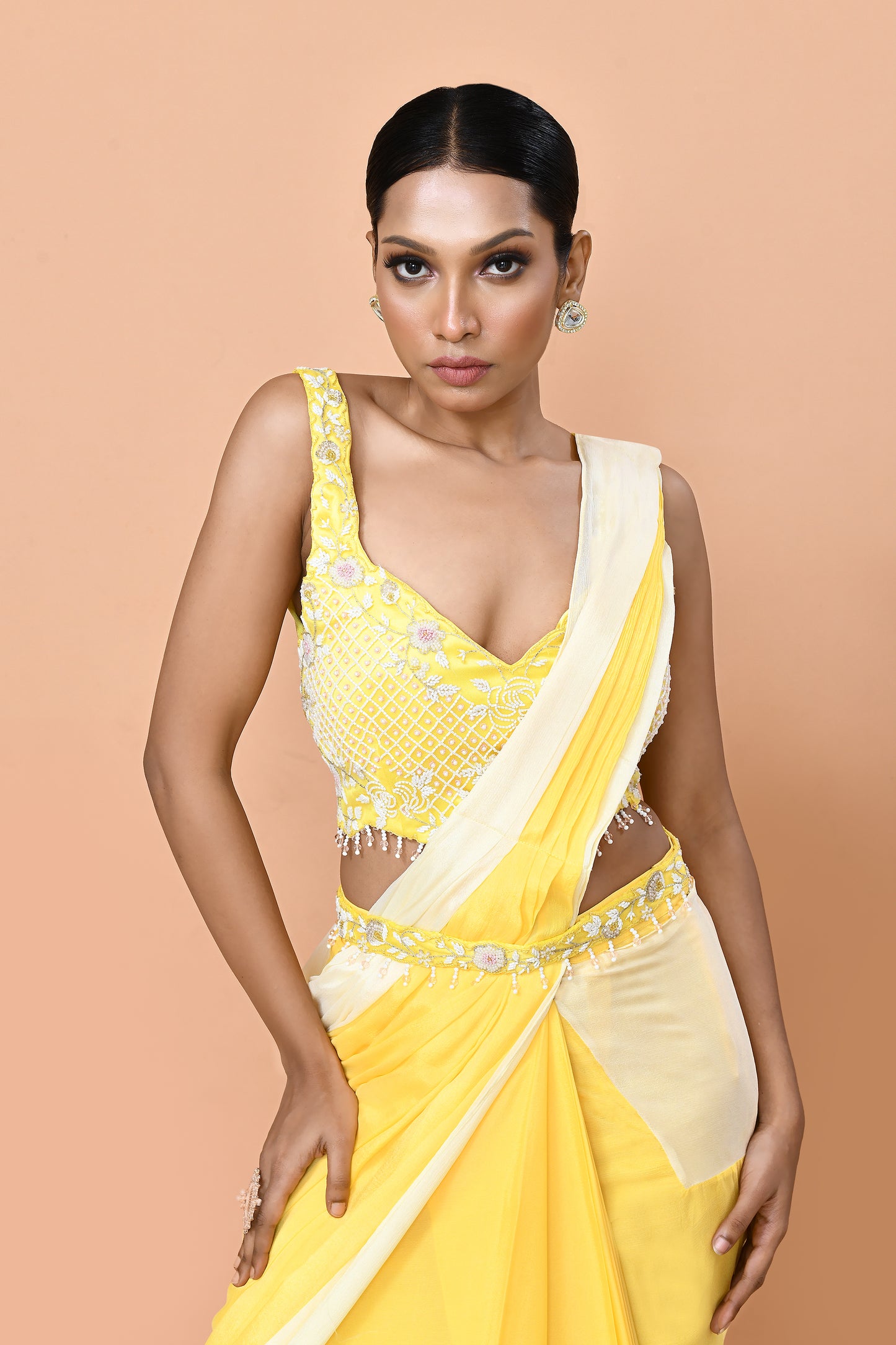 Designer Wear Yellow Chinon Chiffon Drape Saree
