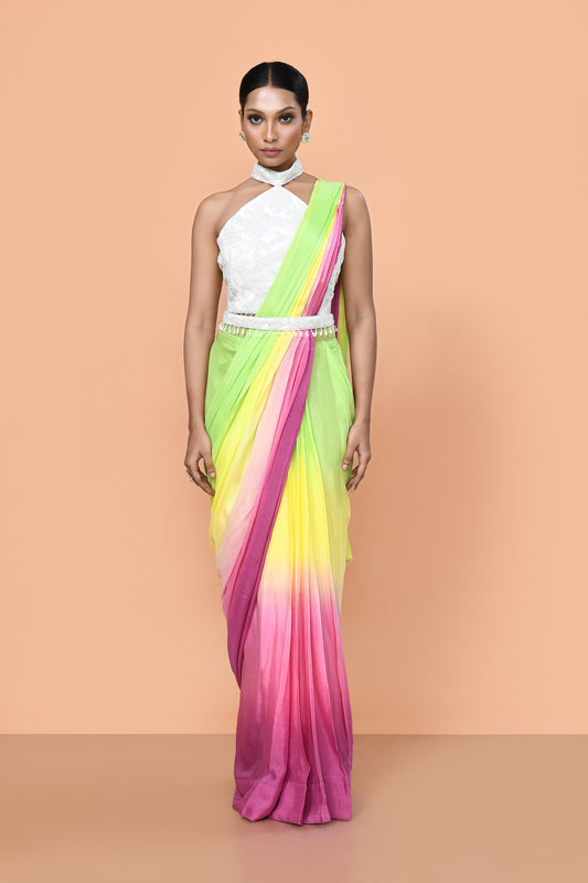 Designer Wear Multicolour Chinon Drape Saree