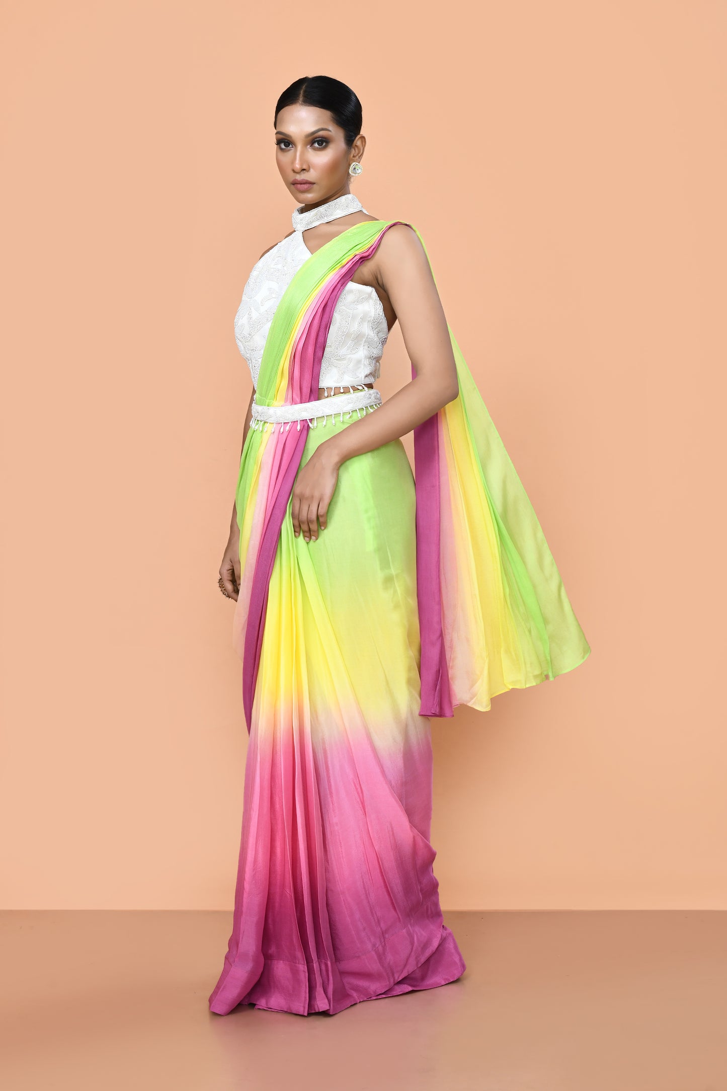 Designer Wear Multicolour Chinon Drape Saree
