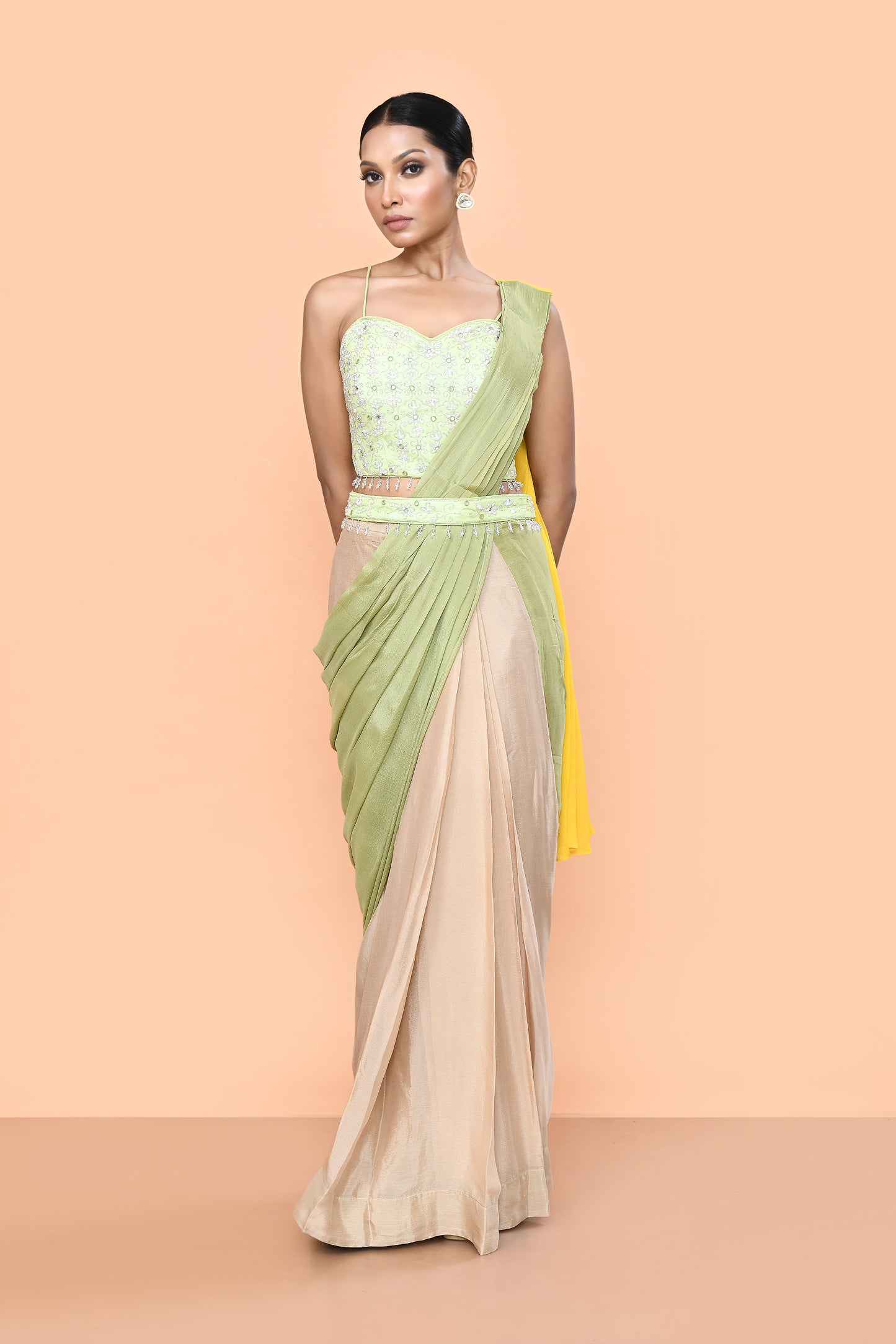 Designer Wear Multicolour Chinon Chiffon Drape Saree