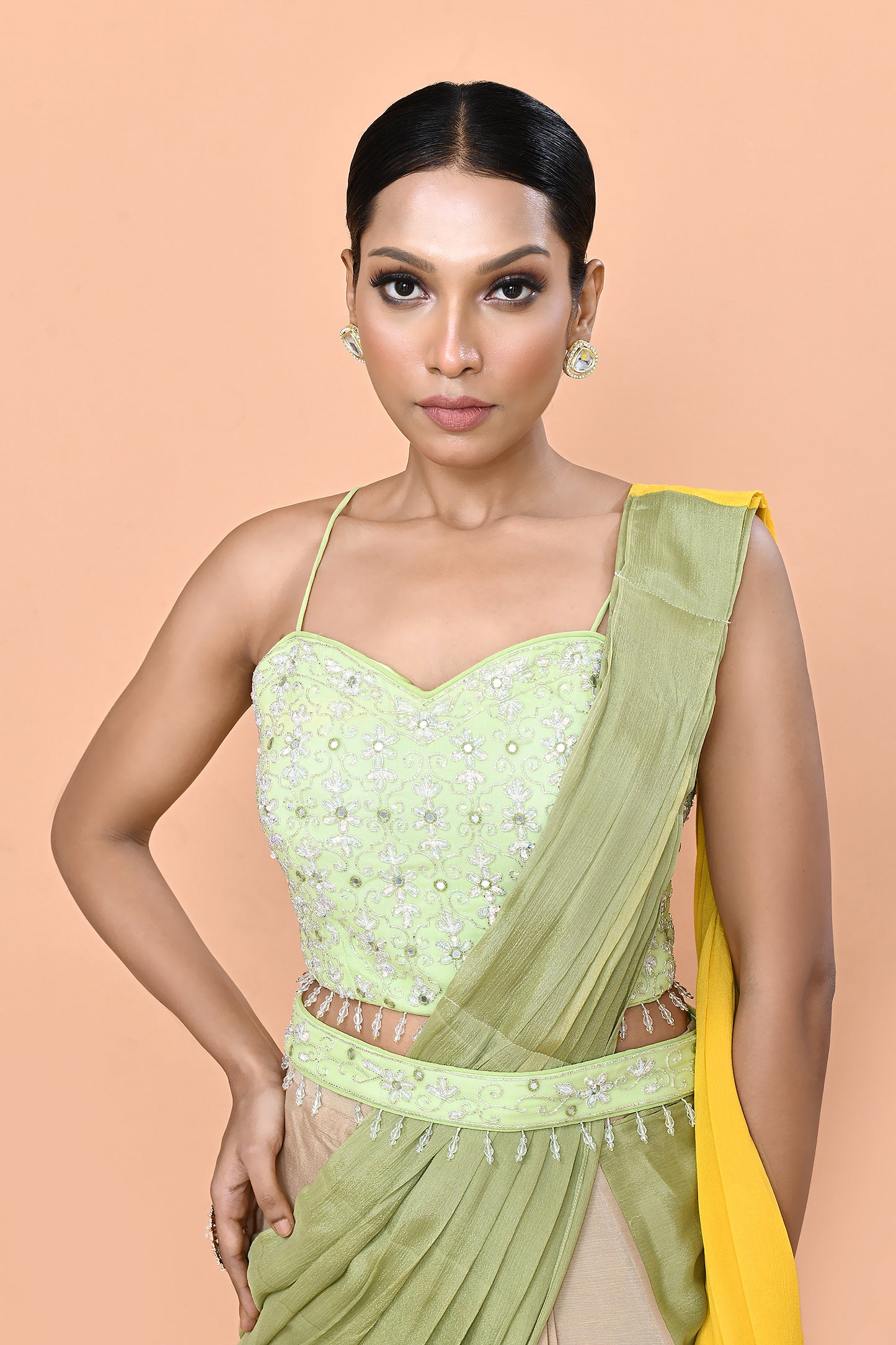 Designer Wear Multicolour Chinon Chiffon Drape Saree