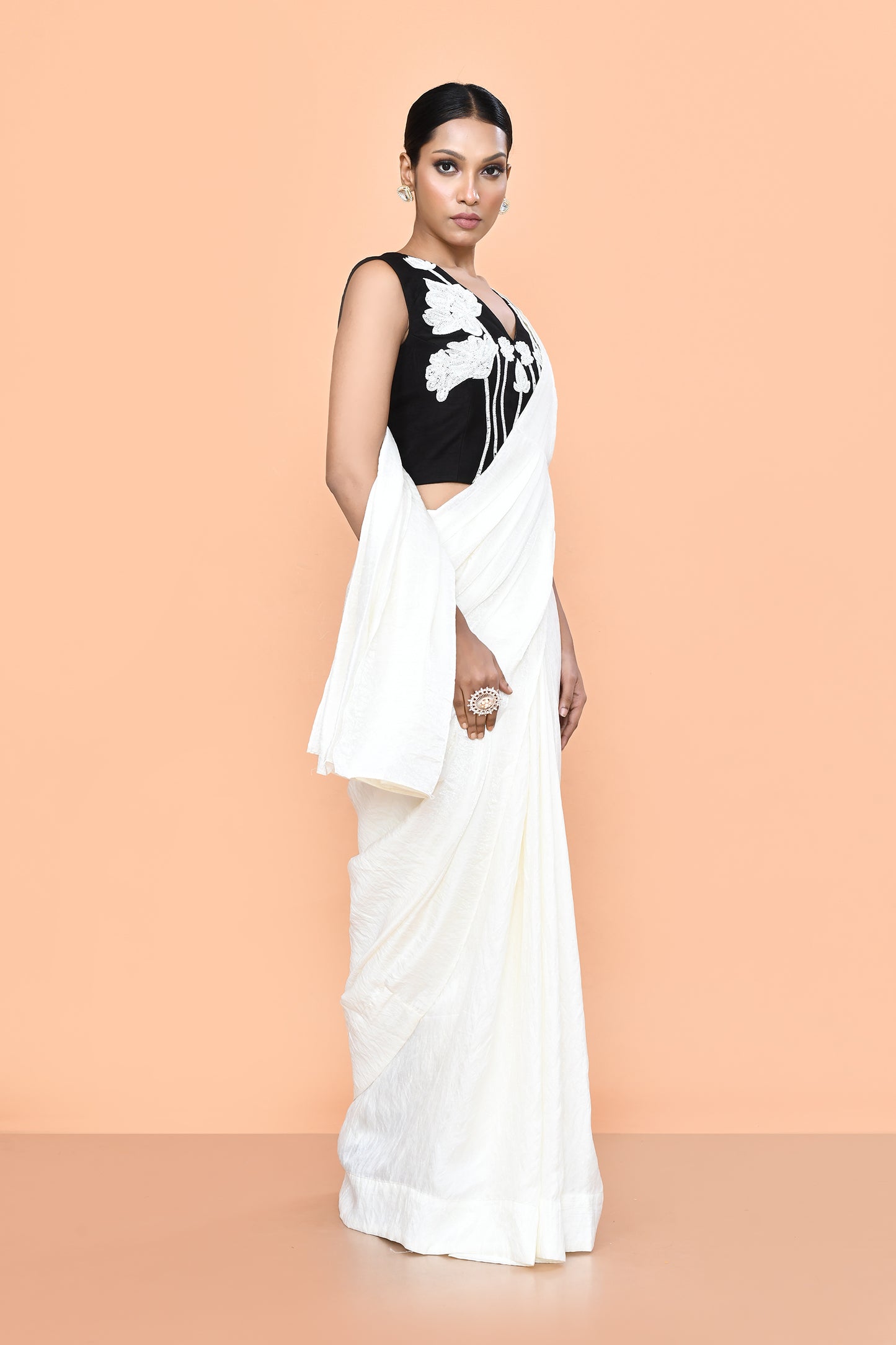 Designer Wear White Drape Saree Set