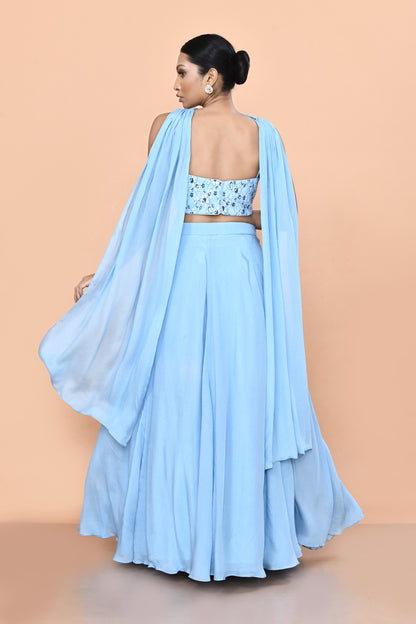 Designer Wear Sky Blue Chinon Chiffon Lehenga Set