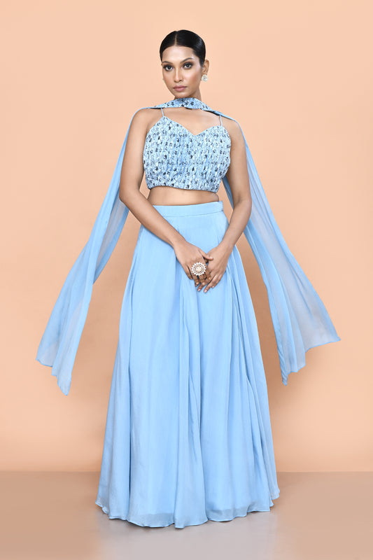 Designer Wear Sky Blue Chinon Chiffon Lehenga Set