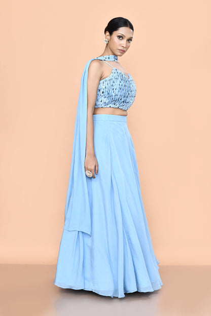 Designer Wear Sky Blue Chinon Chiffon Lehenga Set
