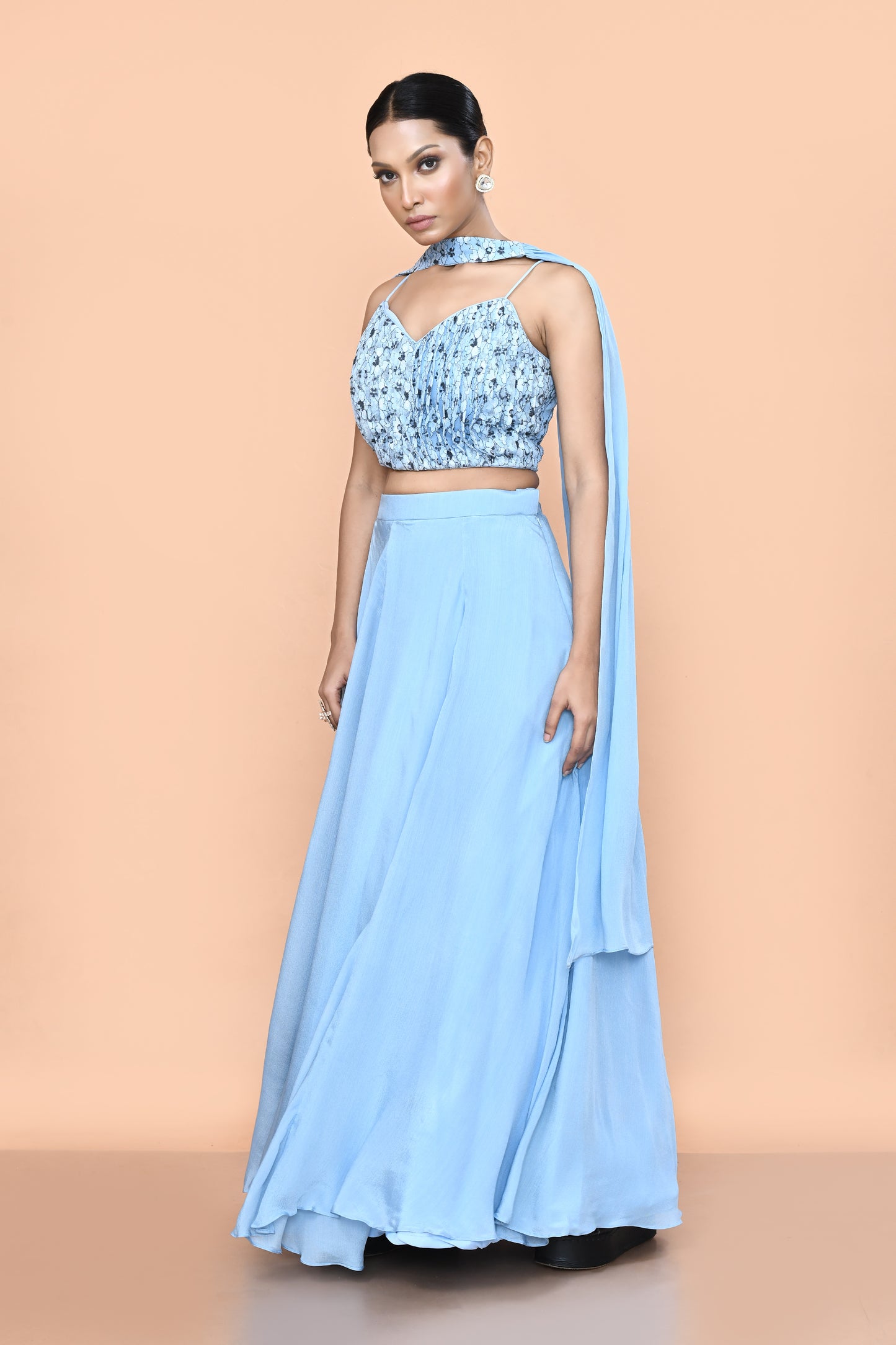 Designer Wear Sky Blue Chinon Chiffon Lehenga Set