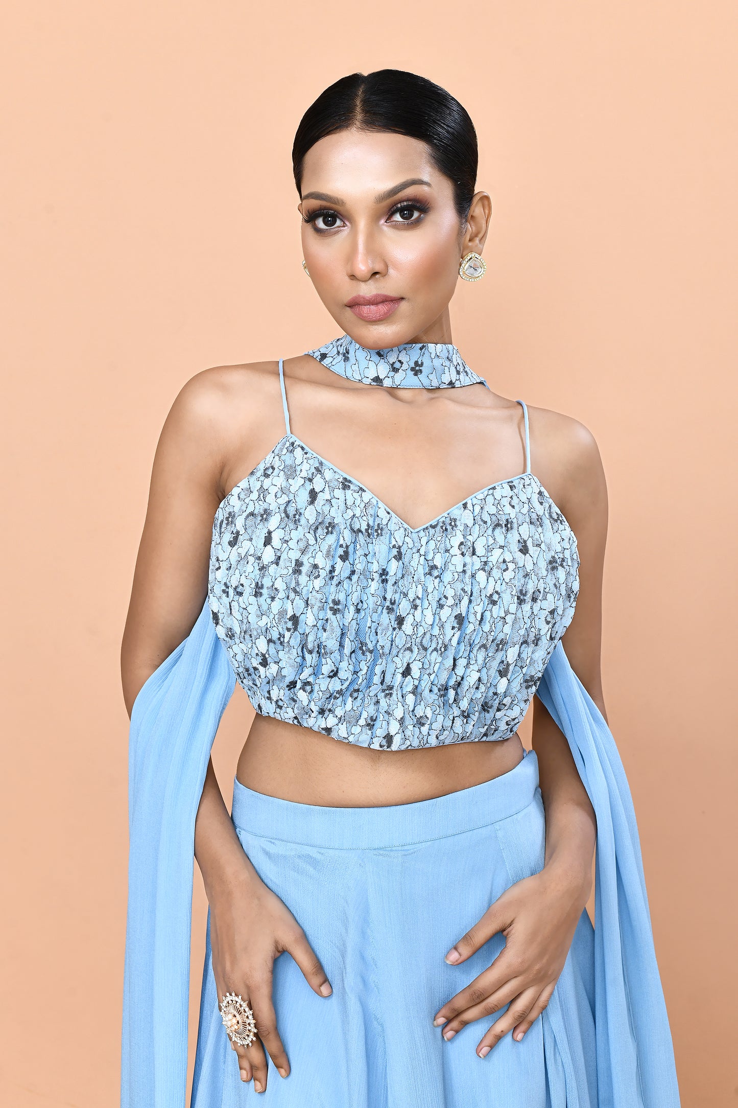 Designer Wear Sky Blue Chinon Chiffon Lehenga Set