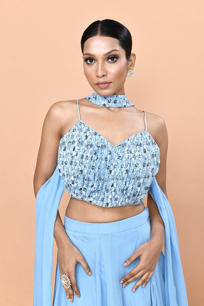Designer Wear Sky Blue Chinon Chiffon Lehenga Set