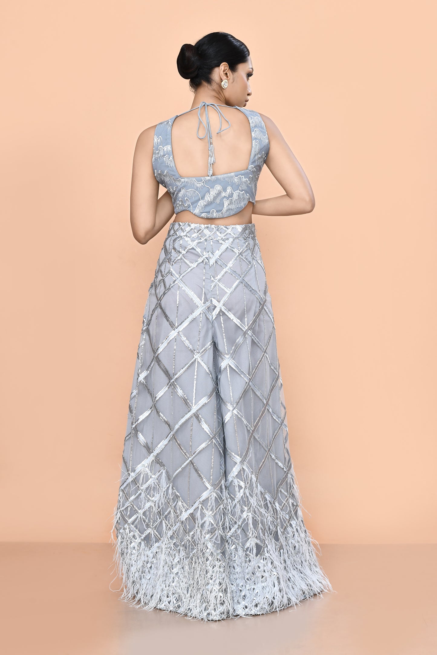 Designer Wear Grey Net Embroidered Palazzo and Square Neck Crop Top Set