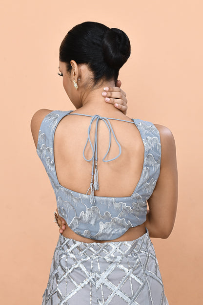 Designer Wear Grey Net Embroidered Palazzo and Square Neck Crop Top Set