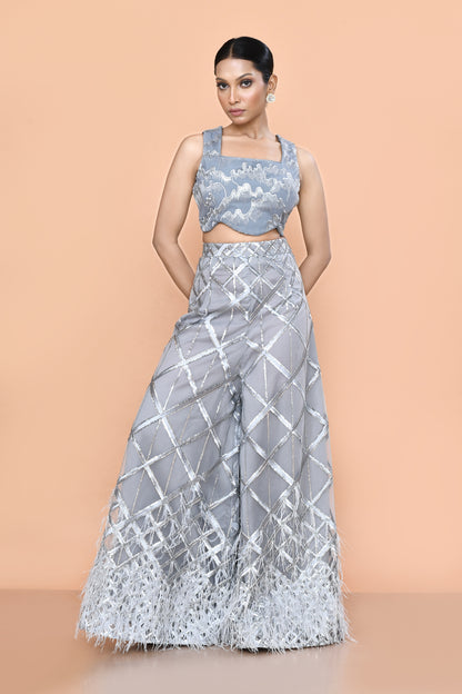 Designer Wear Grey Net Embroidered Palazzo and Square Neck Crop Top Set