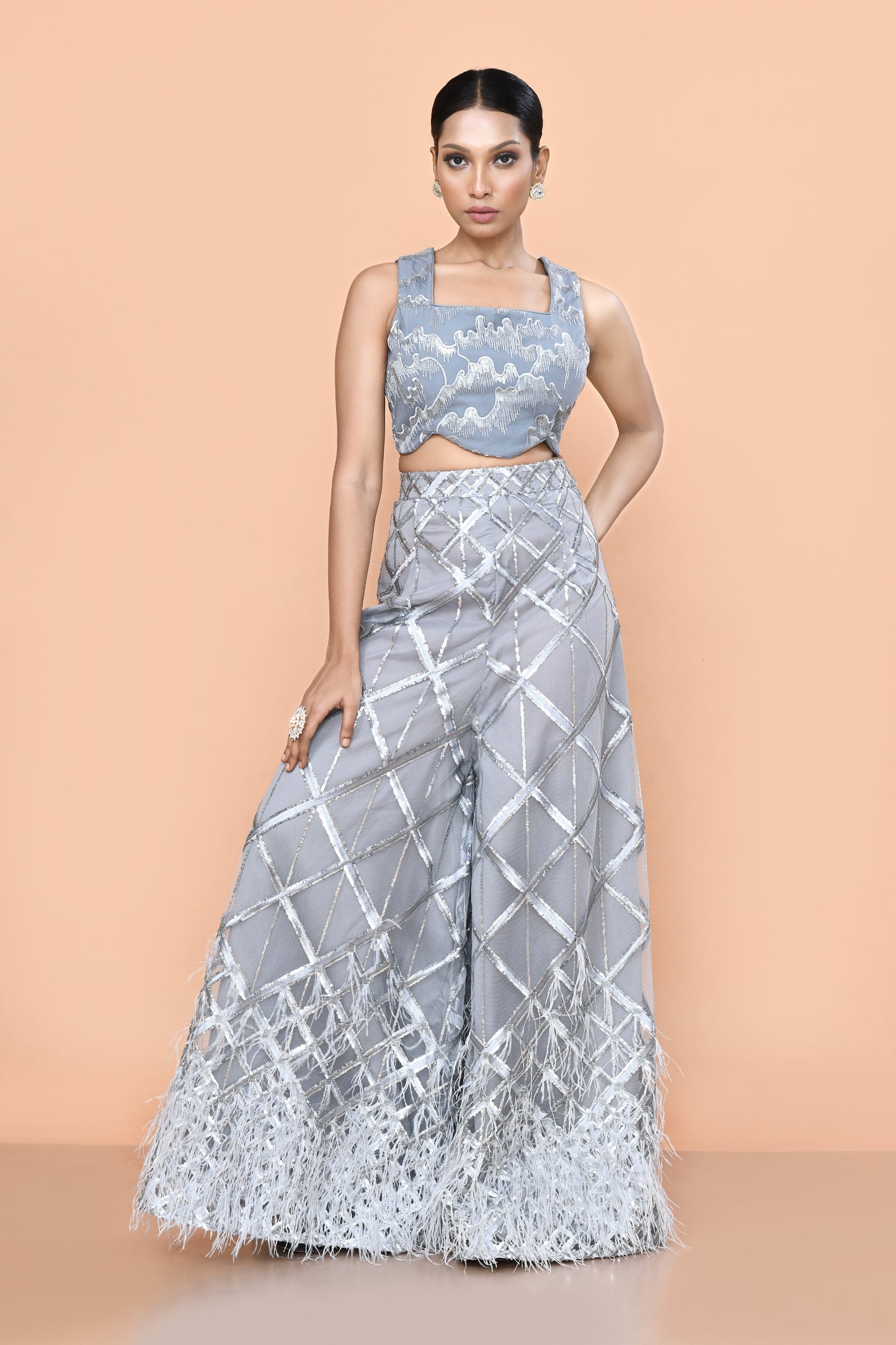 Designer Wear Grey Net Embroidered Palazzo and Square Neck Crop Top Set