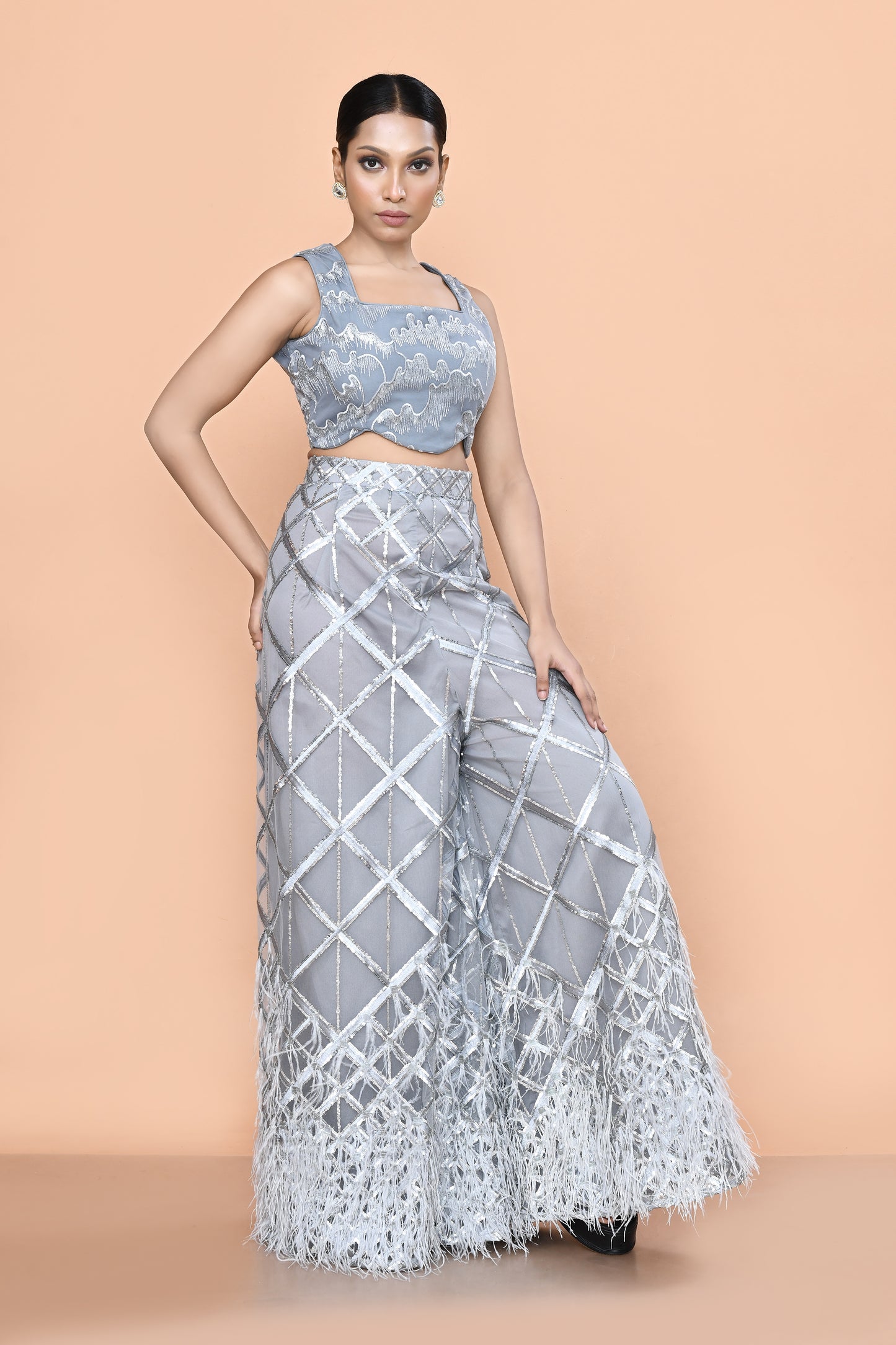 Designer Wear Grey Net Embroidered Palazzo and Square Neck Crop Top Set