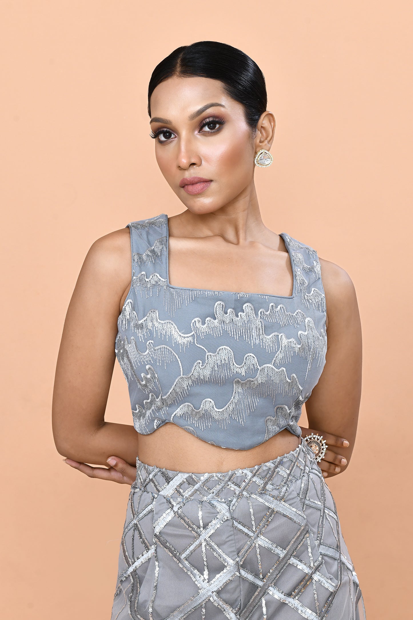 Designer Wear Grey Net Embroidered Palazzo and Square Neck Crop Top Set