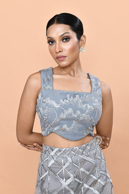 Designer Wear Grey Net Embroidered Palazzo and Square Neck Crop Top Set