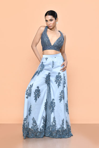 Designer Wear Grey Net Embroidered Palazzo Set