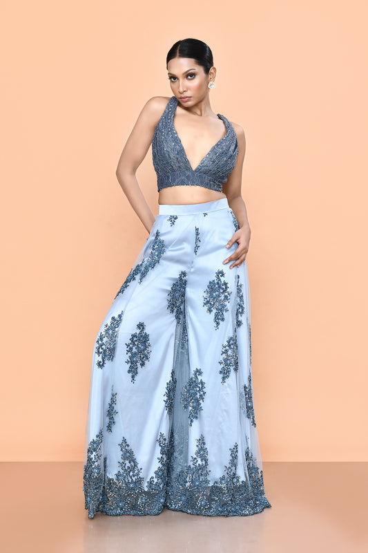 Designer Wear Grey Net Embroidered Palazzo Set