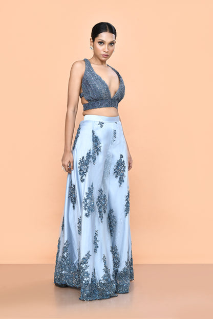 Designer Wear Grey Net Embroidered Palazzo Set