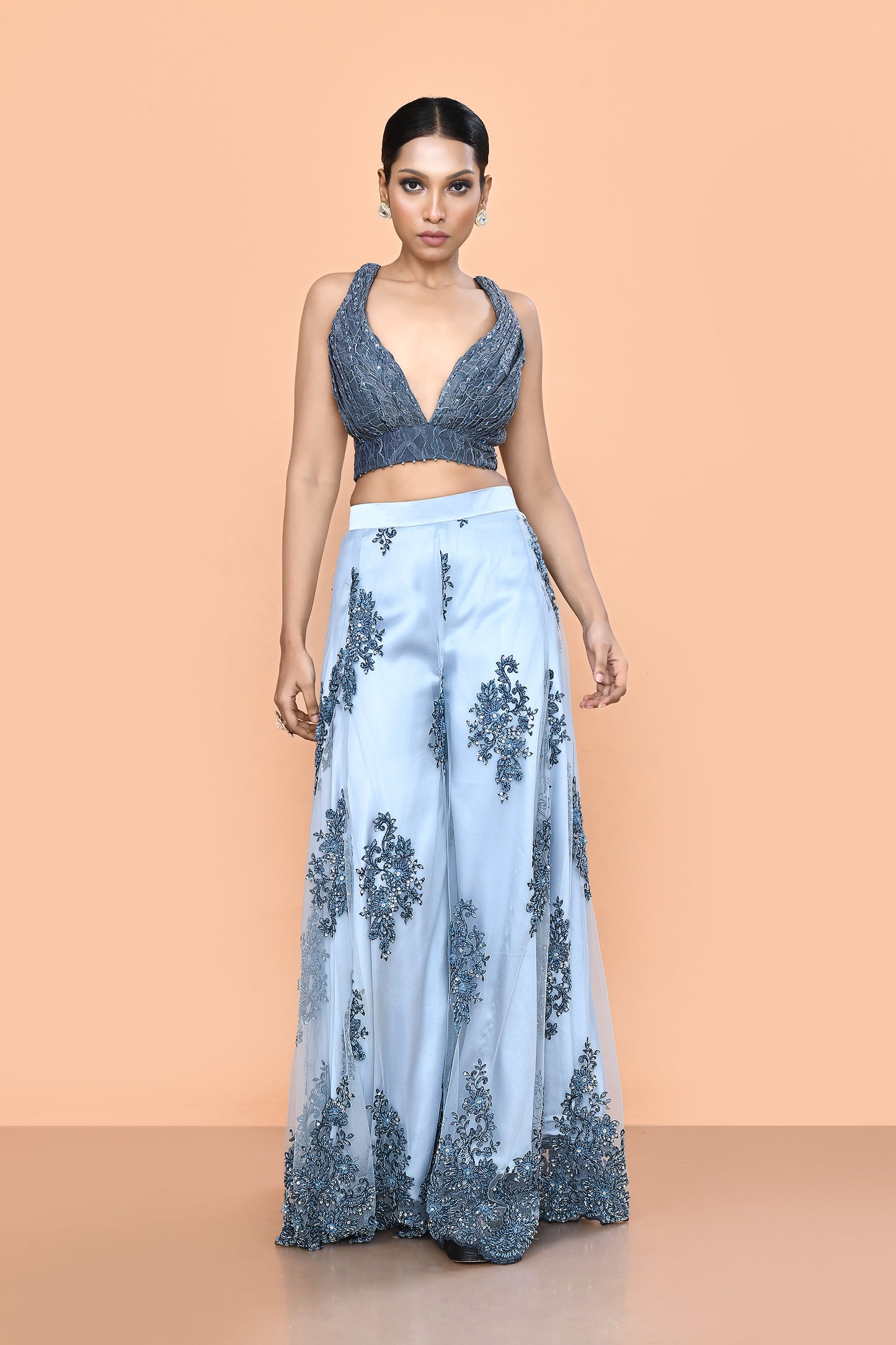 Designer Wear Grey Net Embroidered Palazzo Set