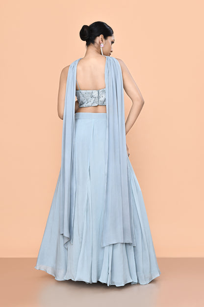 Designer Wear Sky Blue Chinon Chiffon Lehenga Set