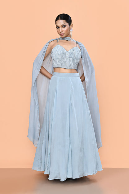 Designer Wear Sky Blue Chinon Chiffon Lehenga Set