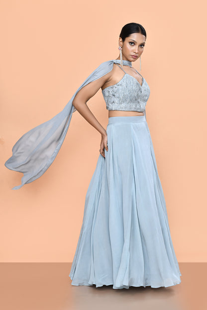 Designer Wear Sky Blue Chinon Chiffon Lehenga Set