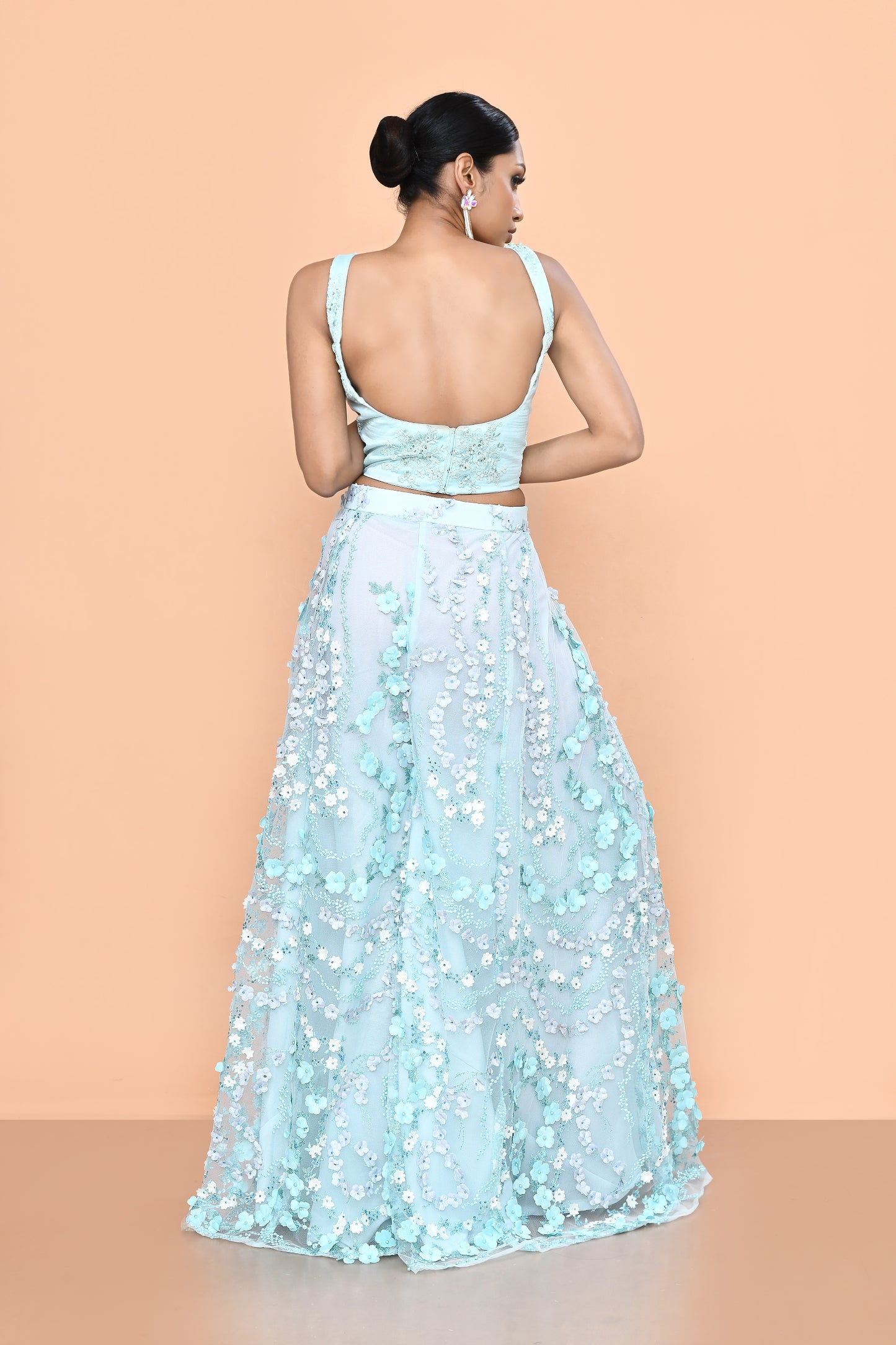 Designer Wear Sky Blue Net Palazzo & Crop Top Set
