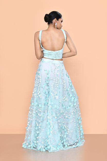 Designer Wear Sky Blue Net Palazzo & Crop Top Set