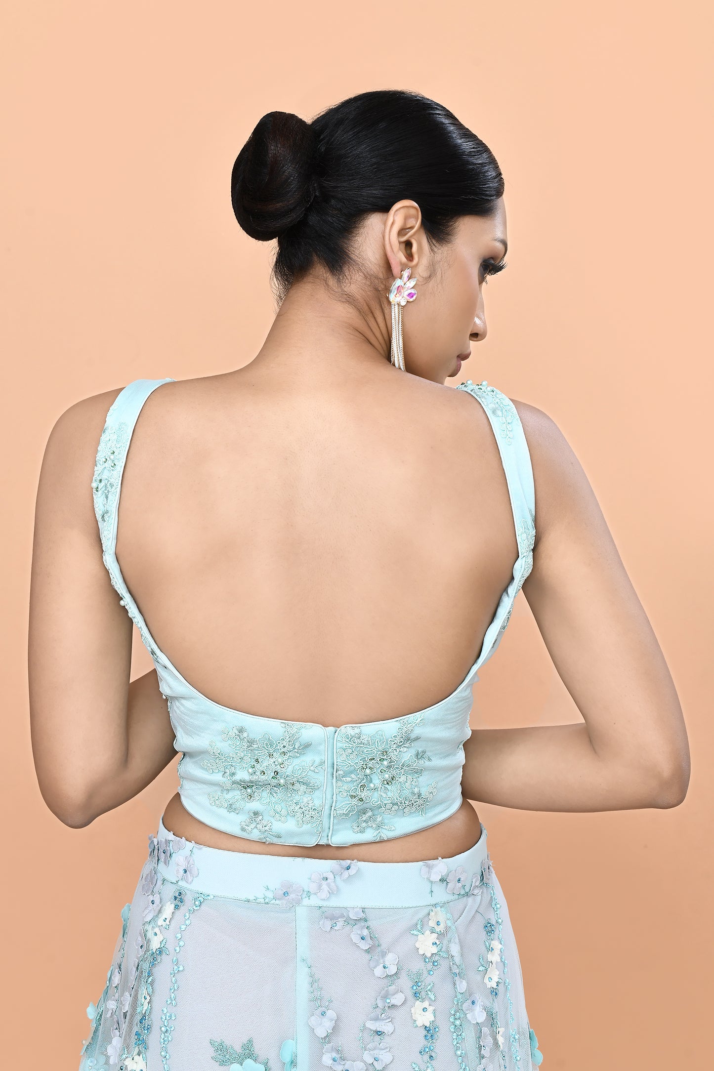 Designer Wear Sky Blue Net Palazzo & Crop Top Set