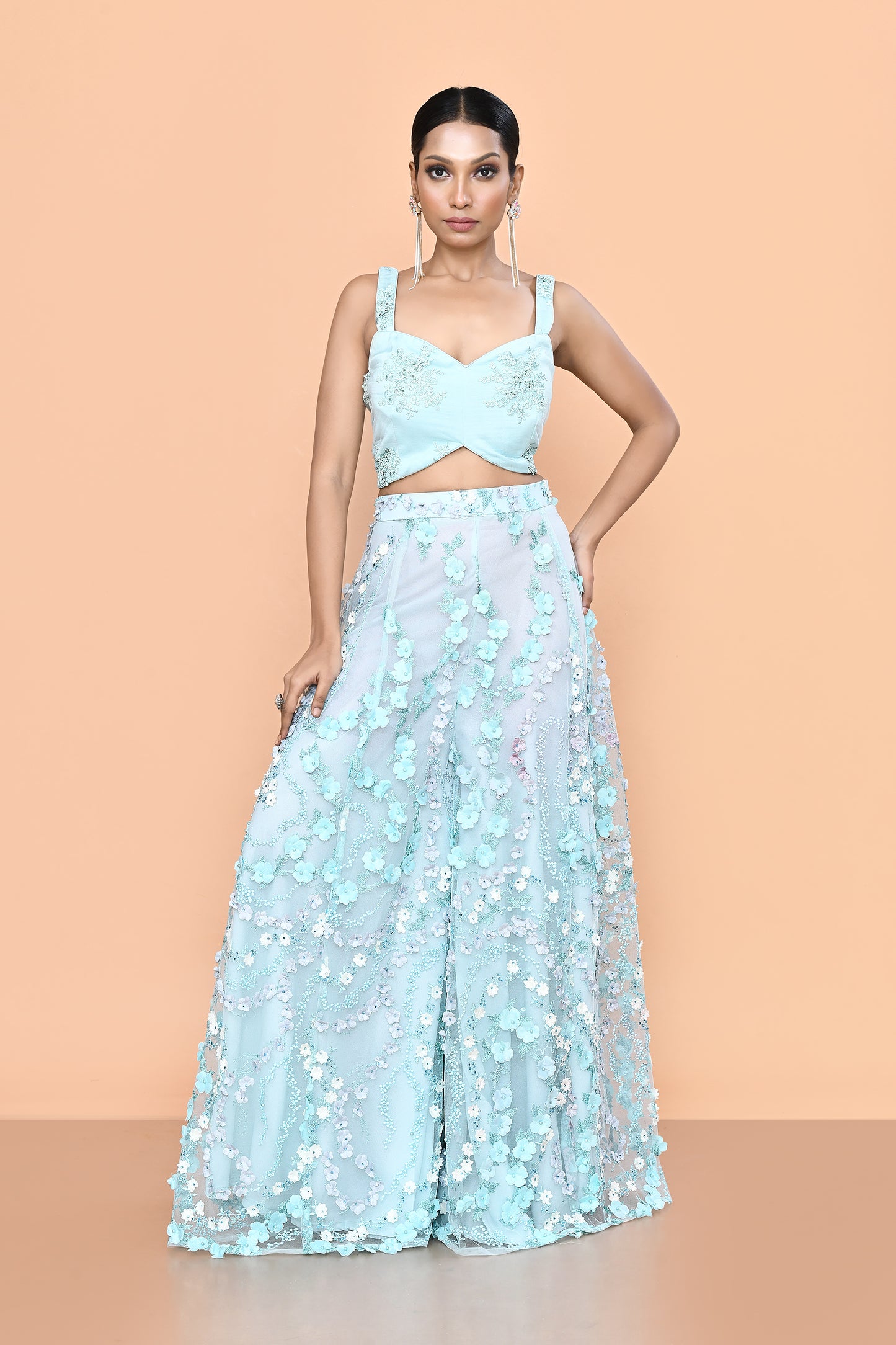 Designer Wear Sky Blue Net Palazzo & Crop Top Set