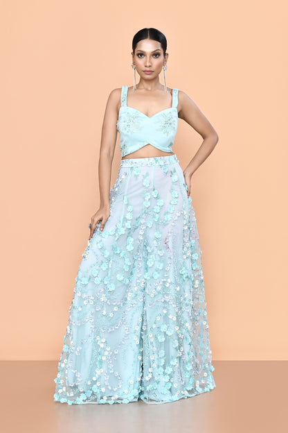 Designer Wear Sky Blue Net Palazzo & Crop Top Set